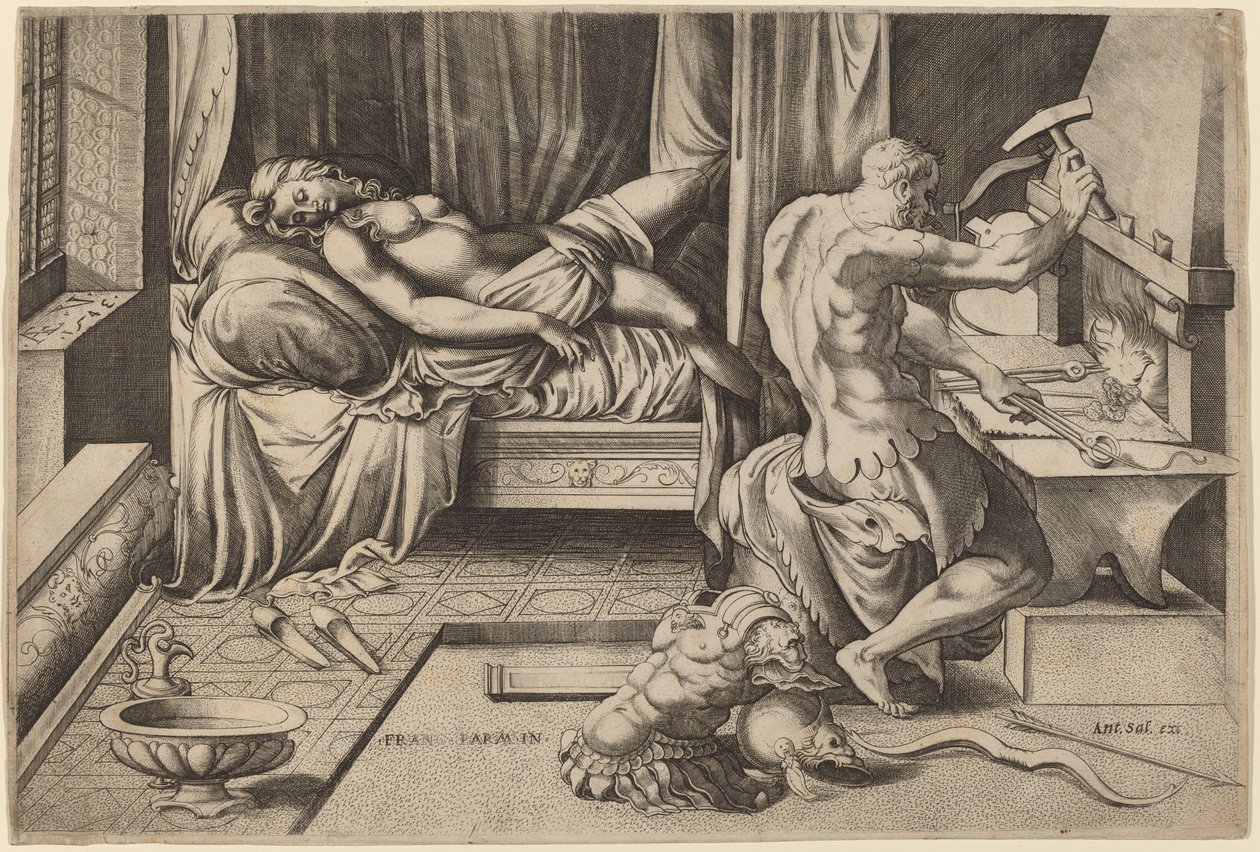 Venus tilbagelænet med Vulcan i hans smedje af Enea Vico after Parmigianino