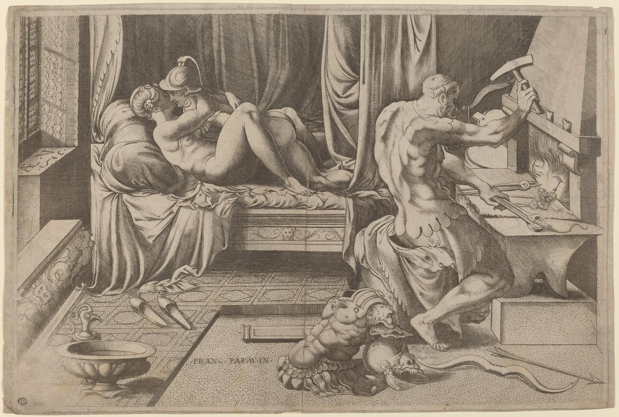 Venus og Mars omfavner med Vulcan i hans smedje af Enea Vico after Parmigianino