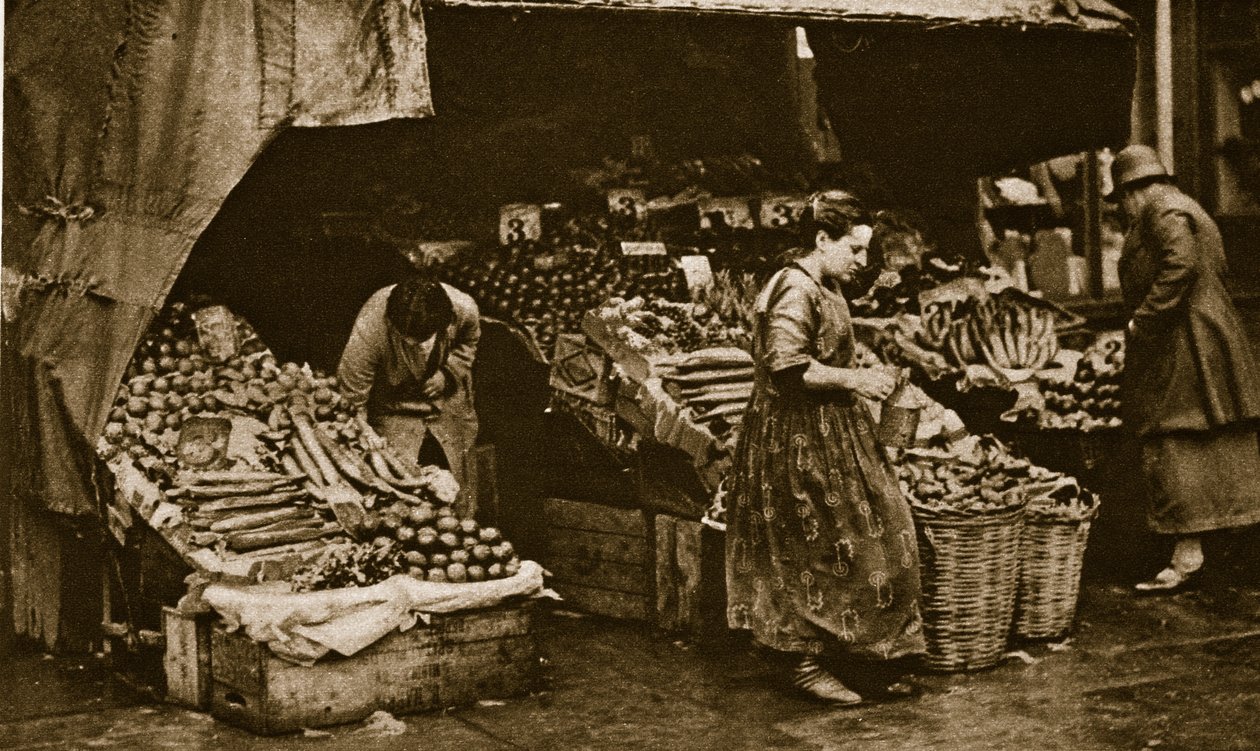 En grønthandler på Commercial Road, East End of London (sepia-billede) af English Photographer