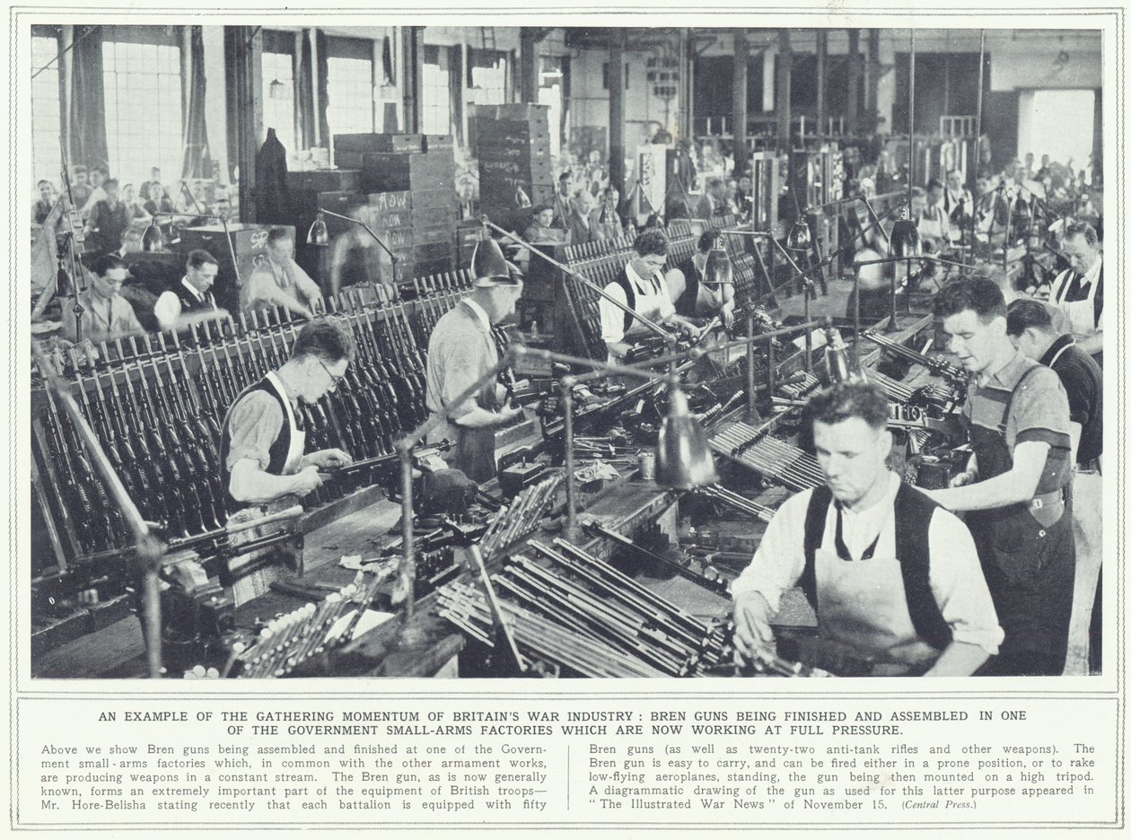 Bren-våben bliver færdiggjort og samlet i en af regeringens håndvåbenfabrikker, fra The Illustrated War News, offentliggjort 22. november 1939 af English Photographer