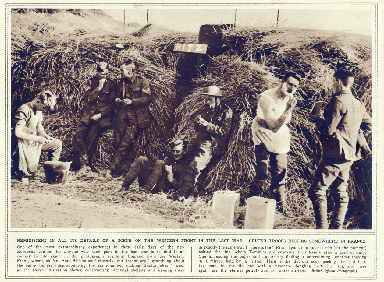 Britiske tropper hviler et sted i Frankrig, fra The Illustrated War News, offentliggjort 1. november 1939 af English Photographer