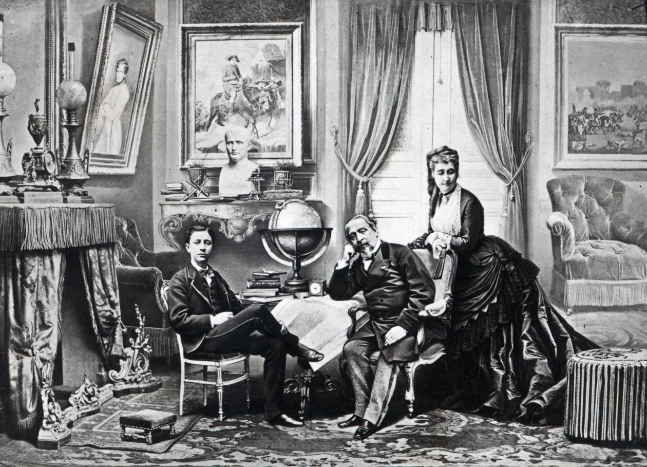 Kejser Napoleon III med kejserinde Eugenie og prinsen Imperial på Camden Place, Chislehurst i 1872 af English Photographer