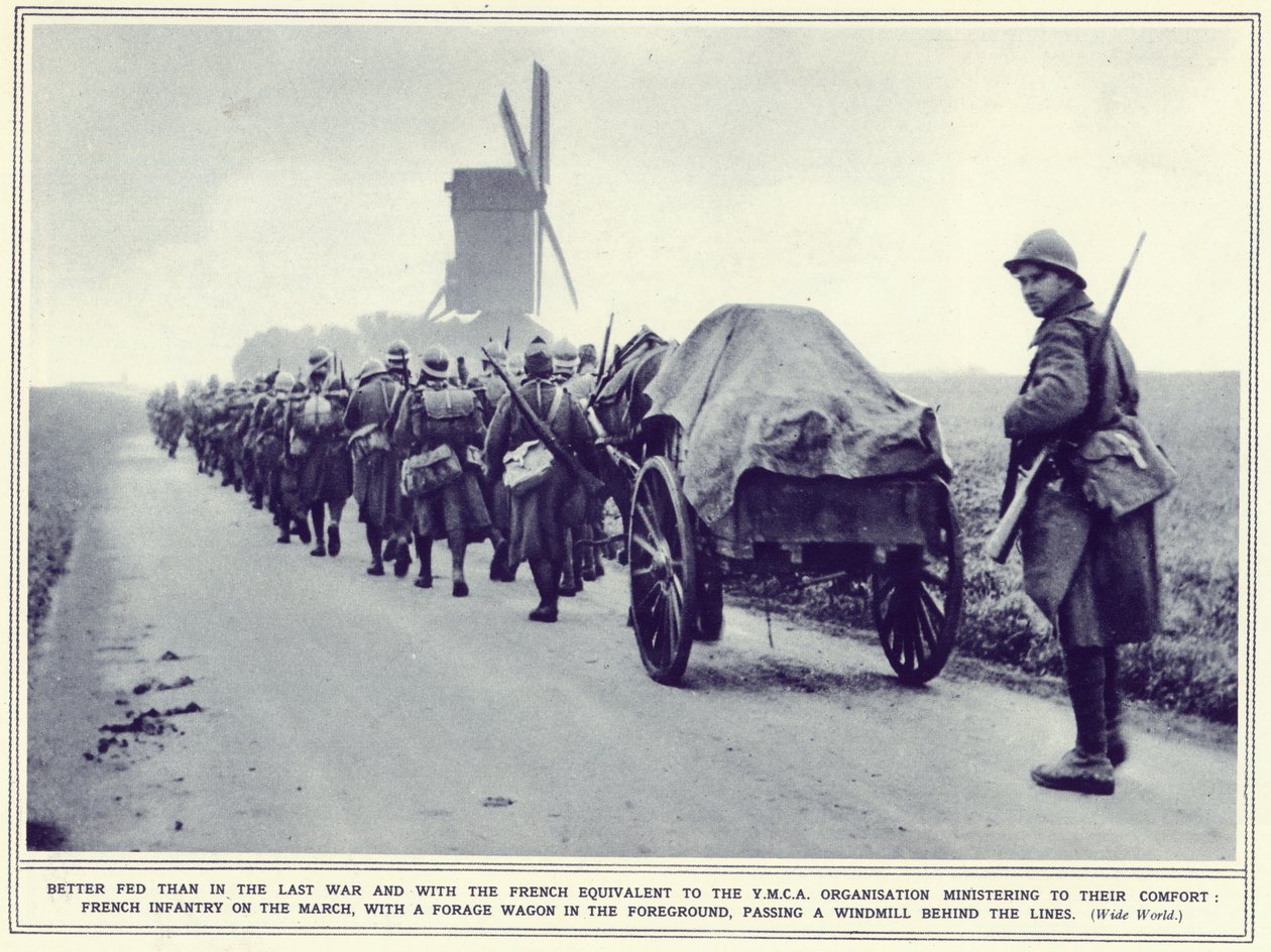 Fransk infanteri på march, med en fodervogn i forgrunden, fra The Illustrated War News, udgivet 22. november 1939 af English Photographer