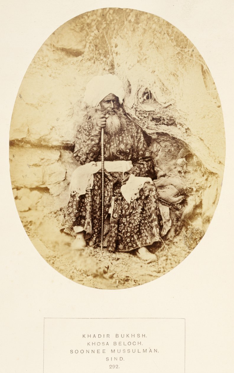 Khadir Bukhsh, Khosa Beloch, Soonnee Mussulman, Sind, fra The People of India, af J. Forbes Watson, udgivet 1868 (albummetryk) af English Photographer