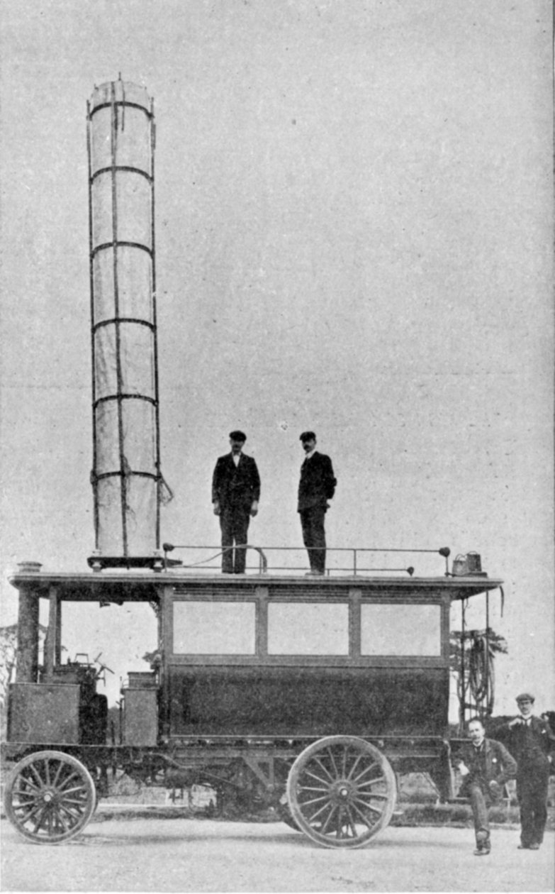 Mr.Marconis Motor Car, udstyret med tragt til at sende og modtage trådløse telegrammer, illustration fra Kongen, 25. maj 1901 af English Photographer