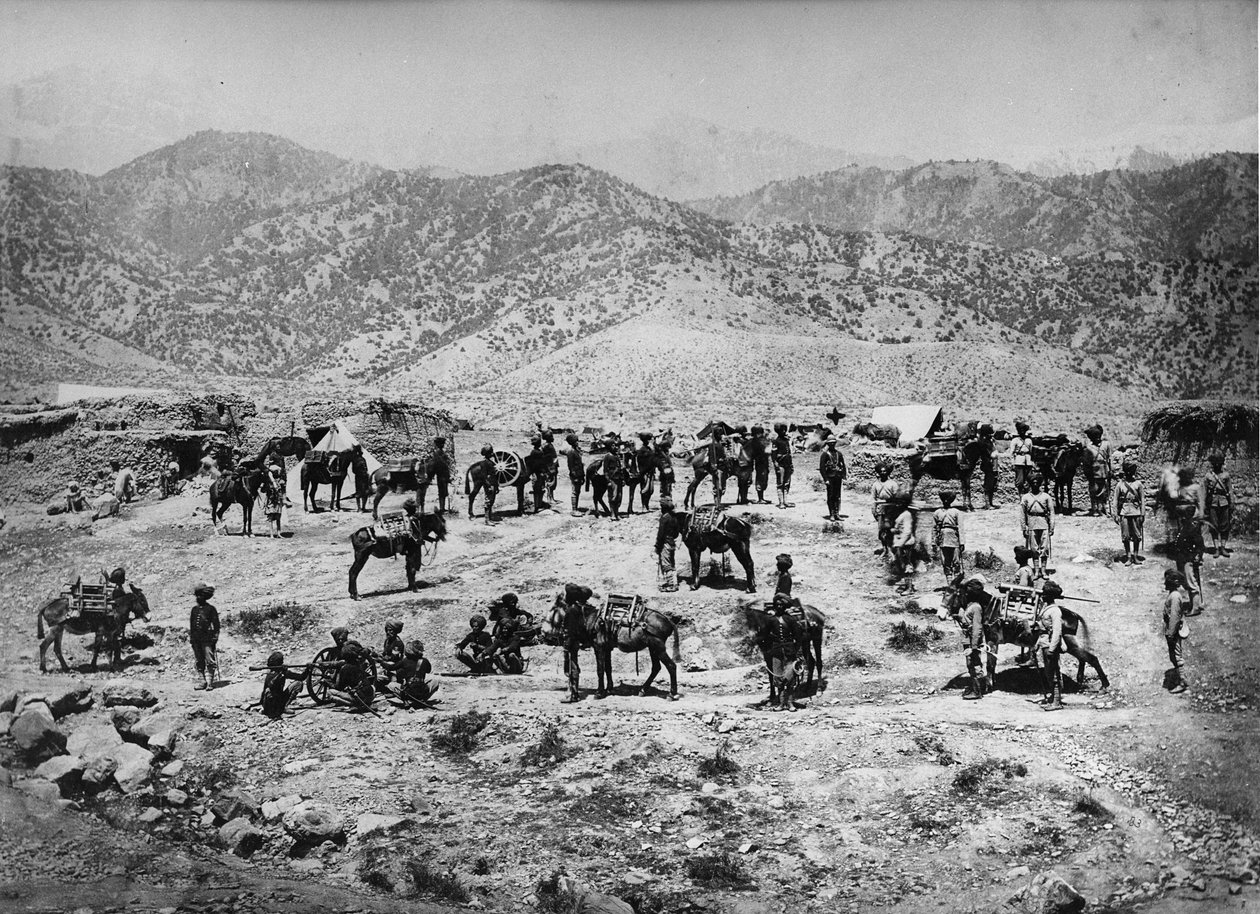 Indfødt bjergbatteri, Punjab Frontier Force i Kuram Valley, 1878-80 af English Photographer
