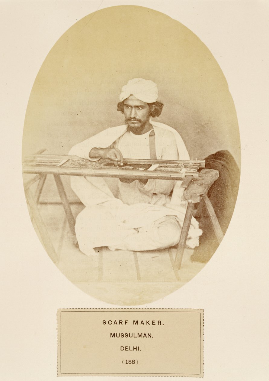 Tørklædemager, muslim, Delhi, fra The People of India, af J. Forbes Watson, udgivet 1868 (albumenprint) af English Photographer