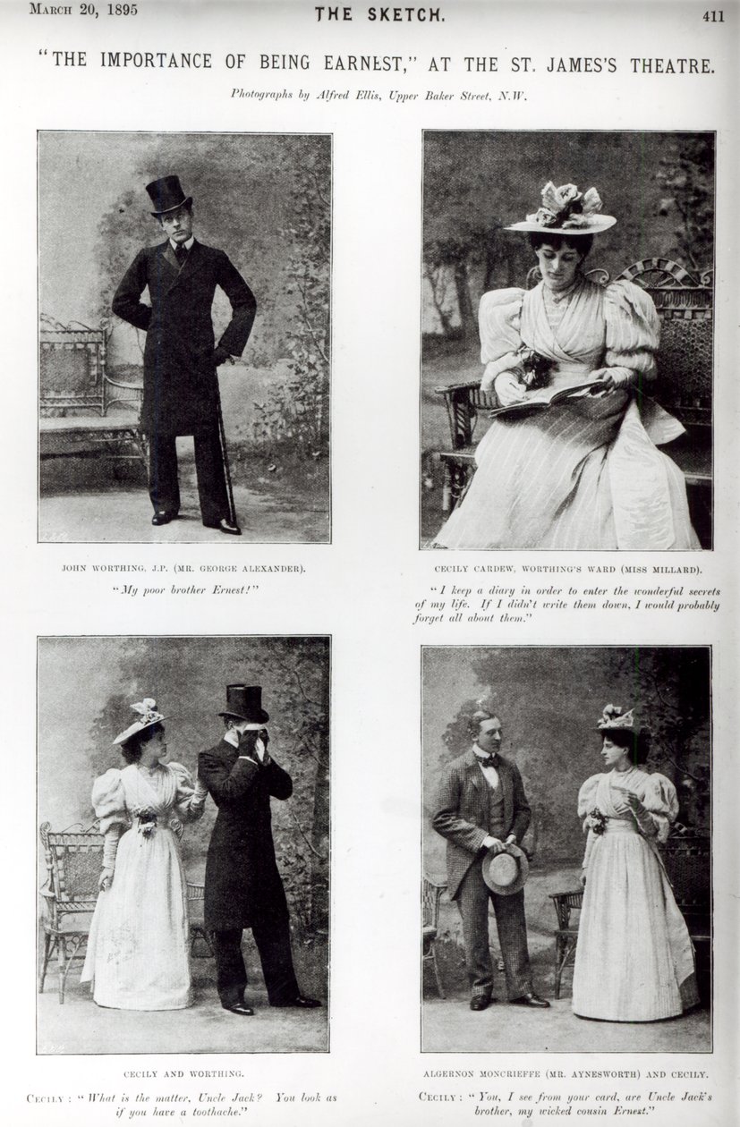 Scener fra The Importance of Being Earnest, af Oscar Wilde (1854-1900) på St. James Theatre, fra Sketch, 20. marts 1895 af English Photographer