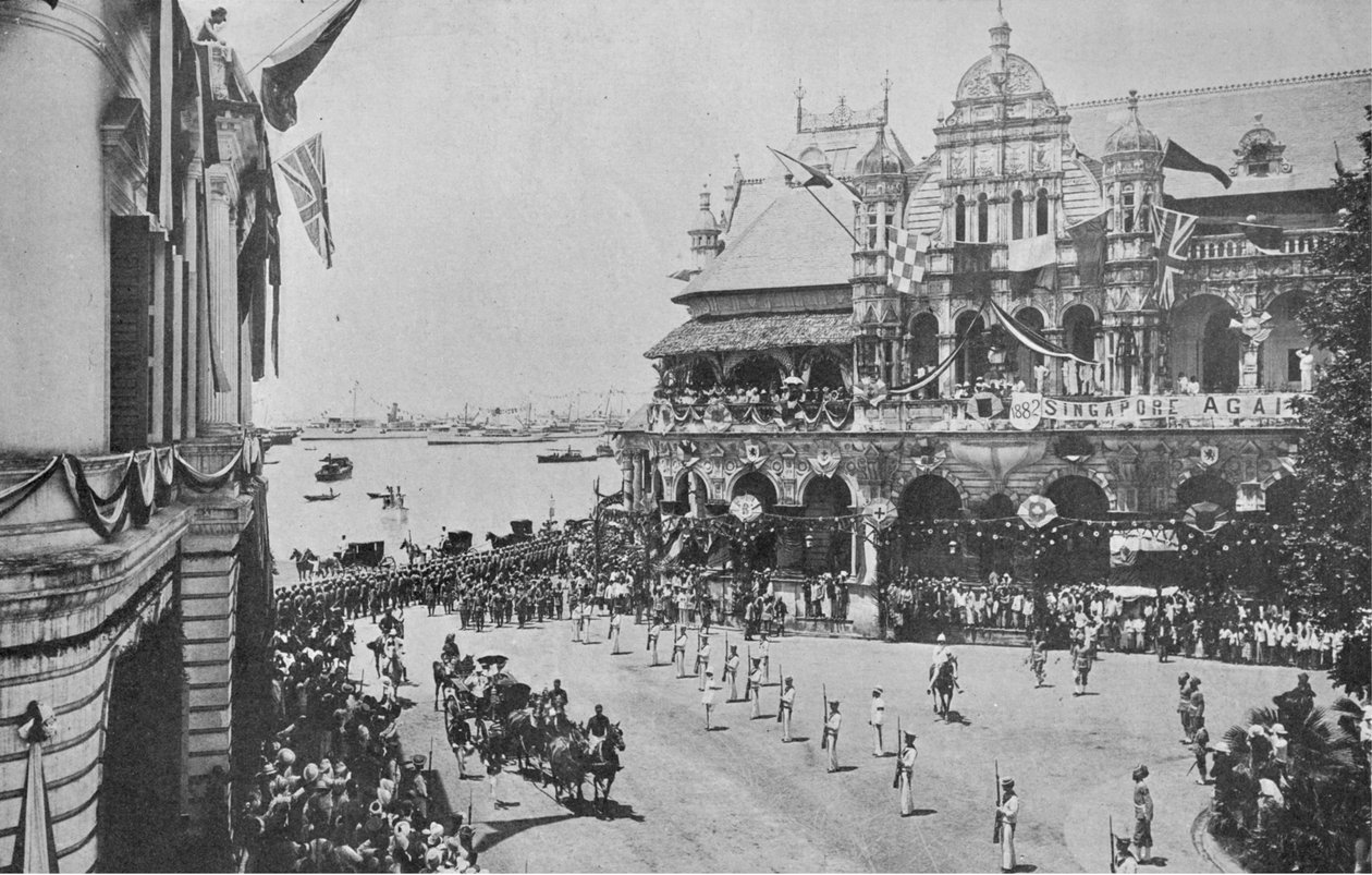 Ankomsten af hertugen og hertuginden af Cornwall og York til Singapore, illustration fra Kongen, 25. maj 1901 af English Photographer