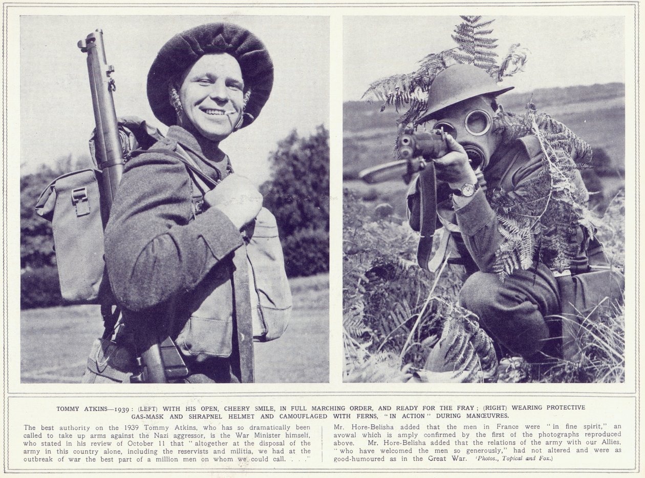 Tommy Atkins, med kirsebærsmil og i fuld marcherende orden og med beskyttende gasmaske og camouflage, klar til kampen, fra The Illustrated War News, udgivet 8. november 1939 af English Photographer