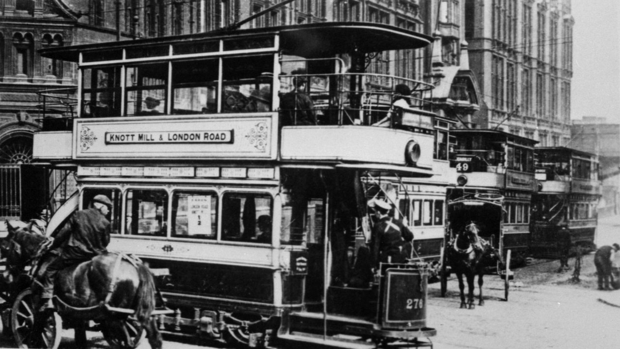 Sporvogne i Manchester, ca. 1900 af English Photographer