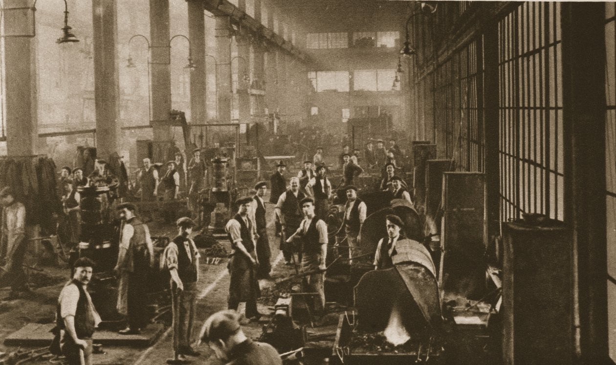 Arbejdere i smedebutikken på Beckton Gas Works, fra Wonderful London, udgivet 1926-27 (fotogravure) af English Photographer