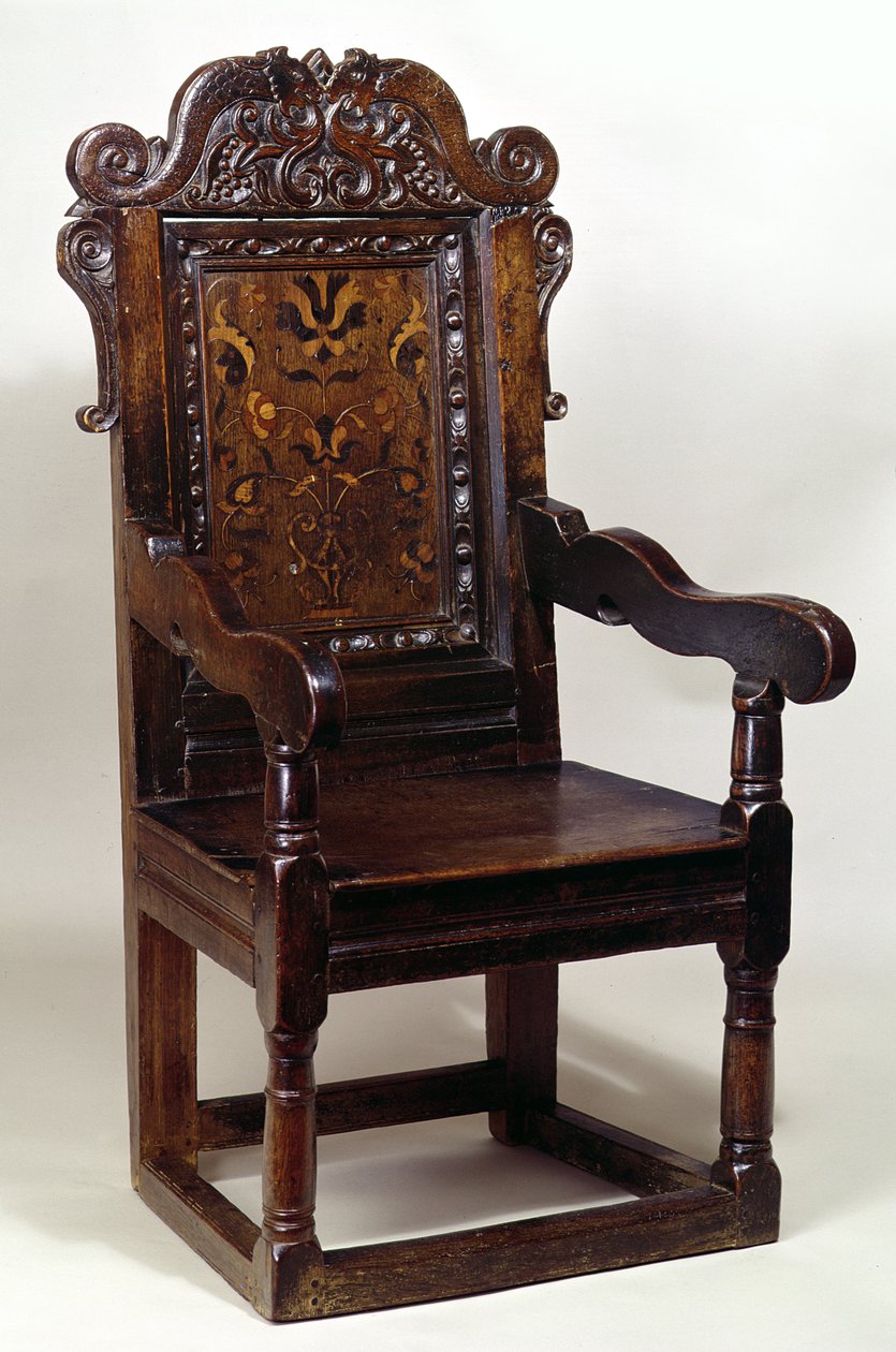 En Charles I lænestol, midten af 1600-tallet (eg med marquetry indlæg) af English School