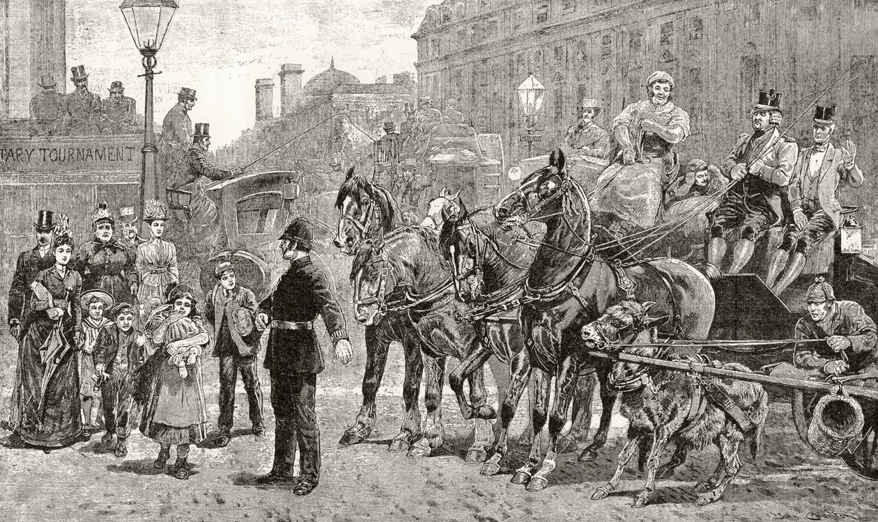 Et overfyldt kryds på en gade i London, fra "London Pictures: Tegnet med pen og blyant", af pastor Richard Lovett, udgivet i 1890 af English School