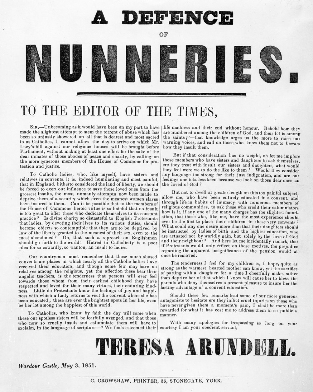 A Defense of Nunneries af Theresa Arundell, 1851 (trykt papir) af English School