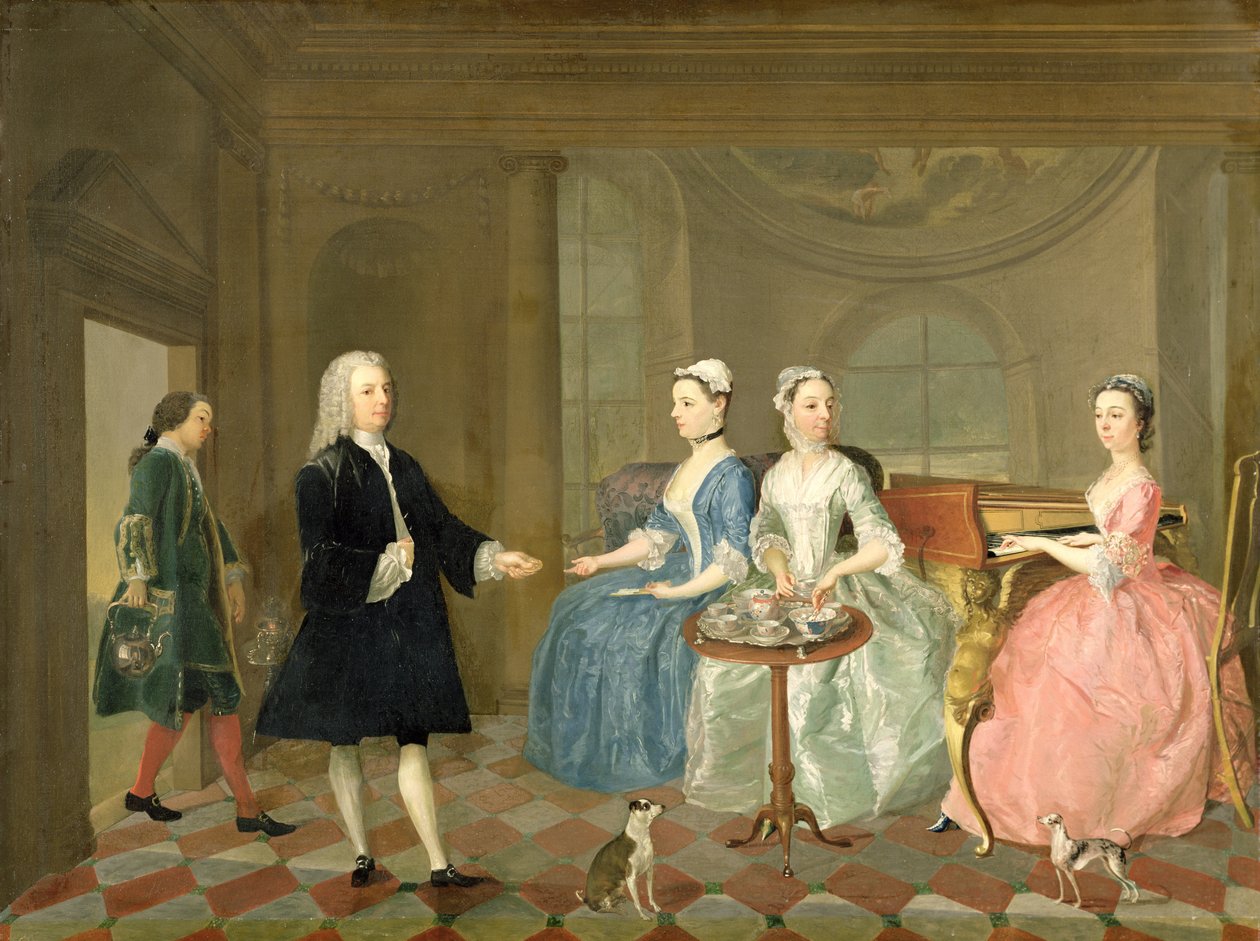 En familie, der serveres med te, ca. 1740-45 af English School