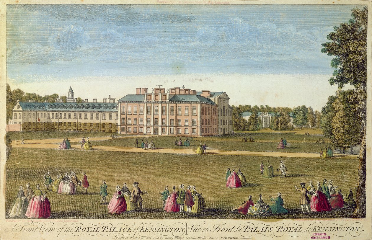 Et frontbillede af Royal Palace of Kensington (farvet radering) af English School