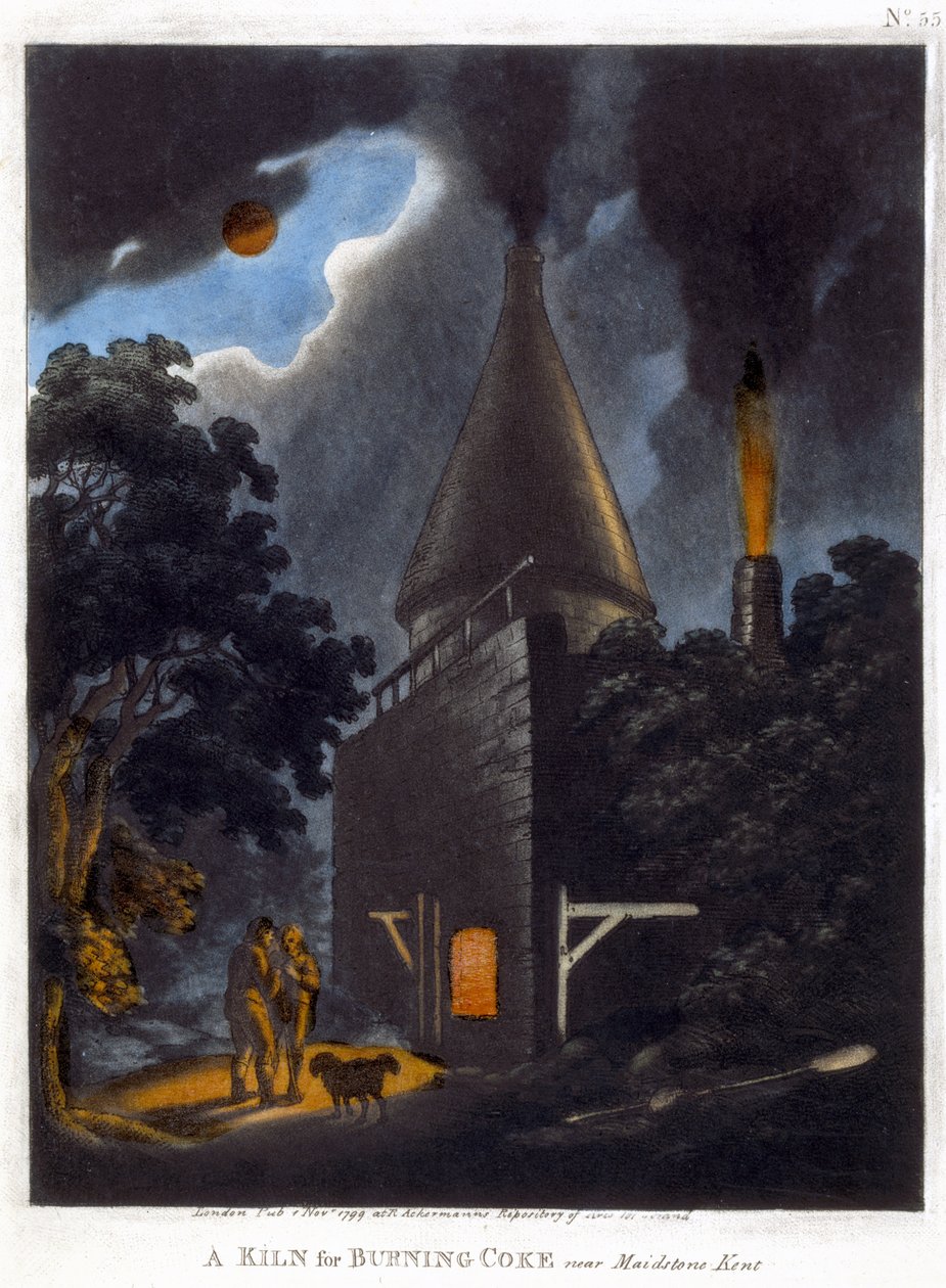 A Kiln for Burning Coke, nær Maidstone, Kent, november 1799 (farveakvatint) af English School