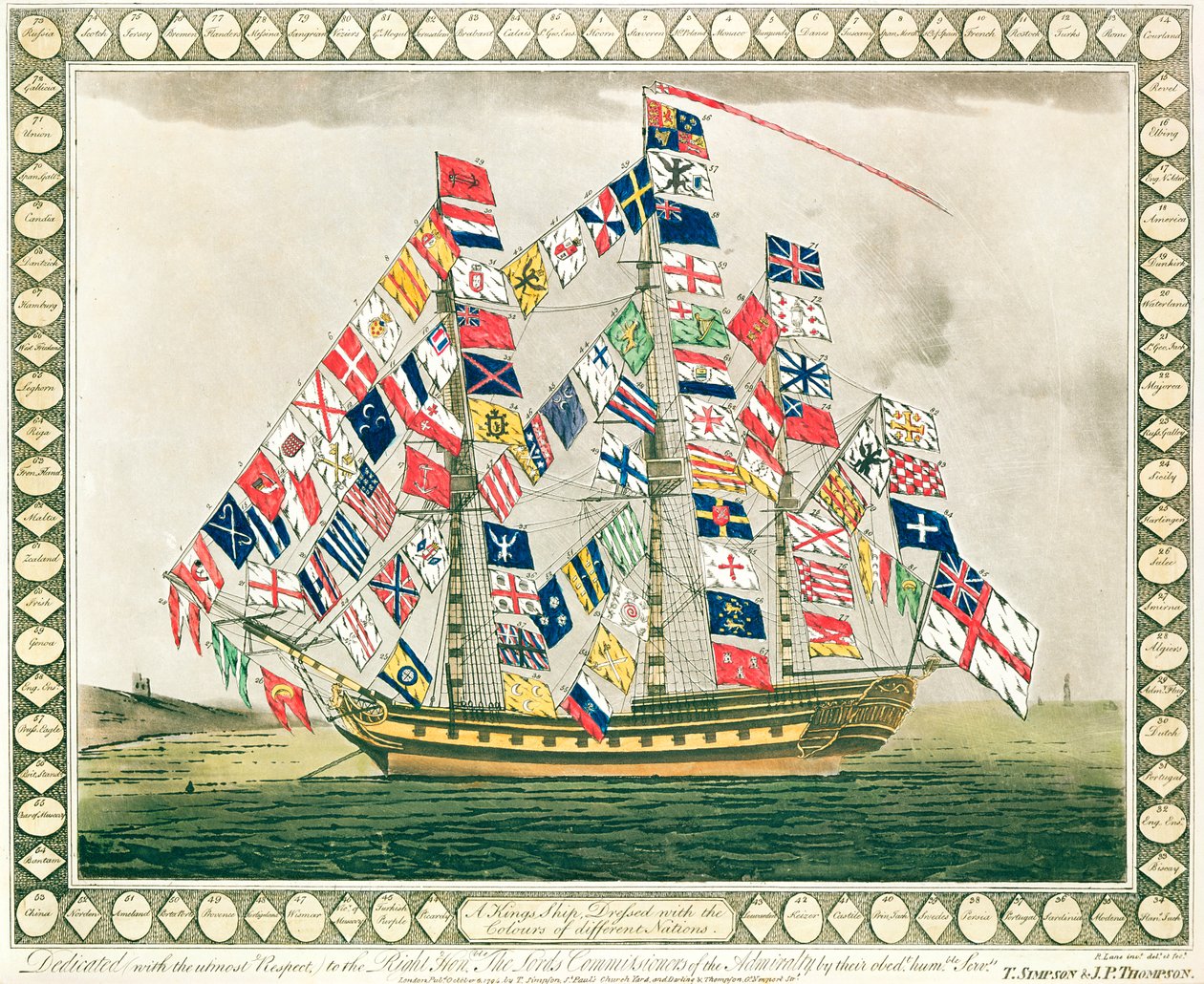 Et kongeskib klædt med farver fra forskellige nationer, 6. oktober 1794 af English School