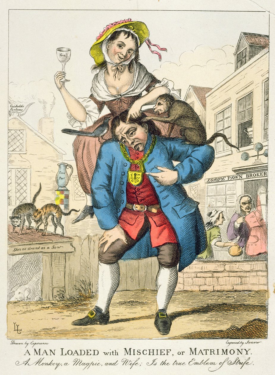 En mand fyldt med uheld eller ægteskab, ca. 1766 (farvelætsning) af English School