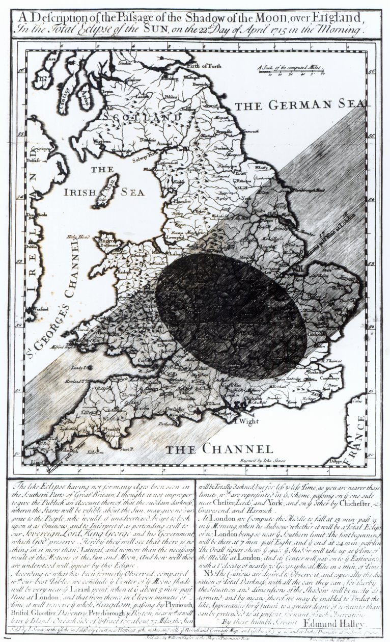 Et kort, der viser månens skygges passage over England den 22. april 1715, indgraveret af John Senex, 1715 af English School