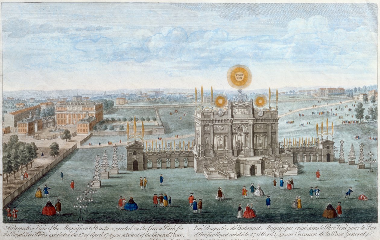 Et perspektivbillede af den storslåede struktur opført i Green Park til Royal Fireworks, pub. af Robert Wilkinson, 1749 af English School