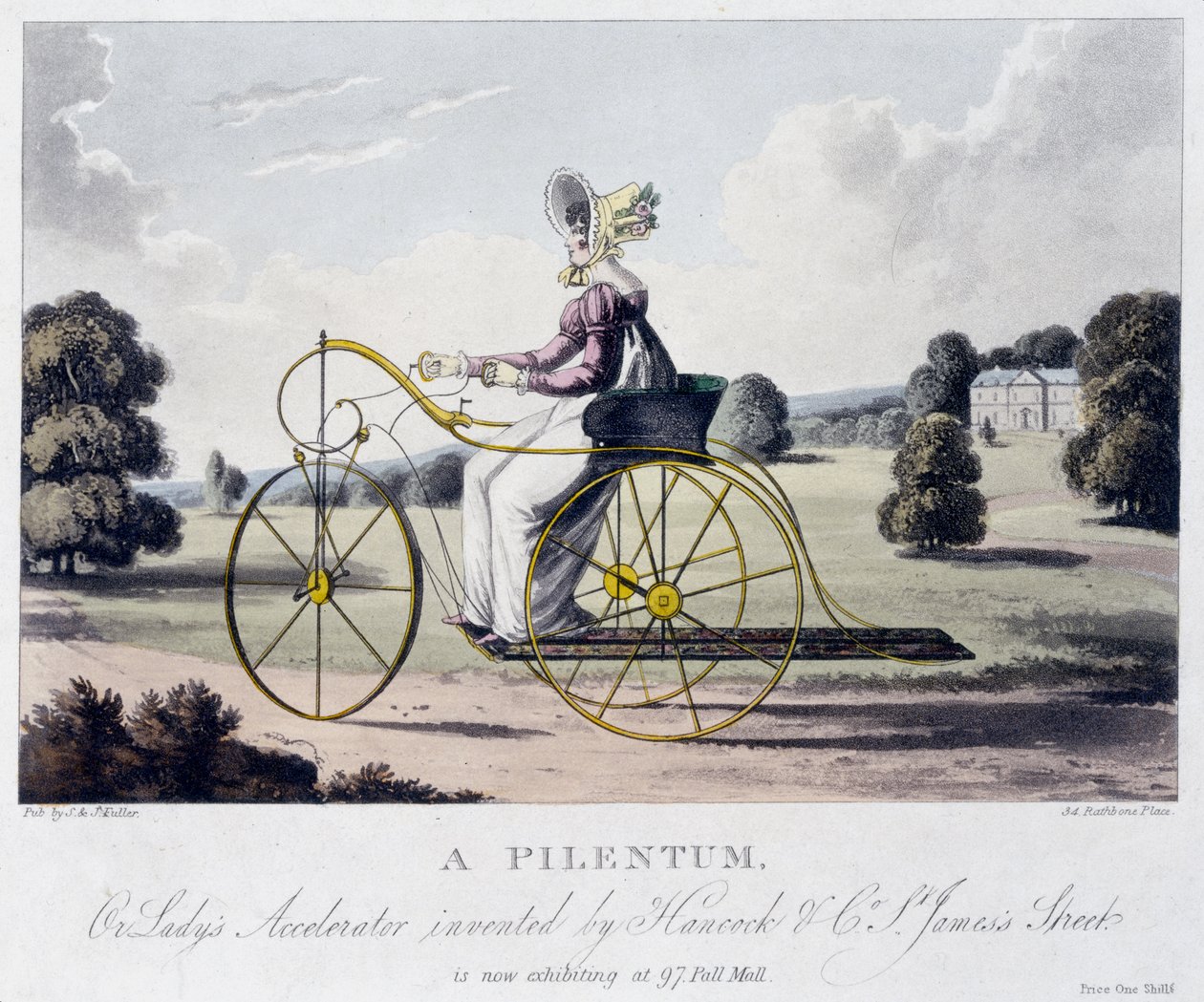 En Pilentum- eller Ladys-accelerator opfundet af Hancock & Co, St. Jamess Street, ca. 1820 (farvet akvatint) af English School
