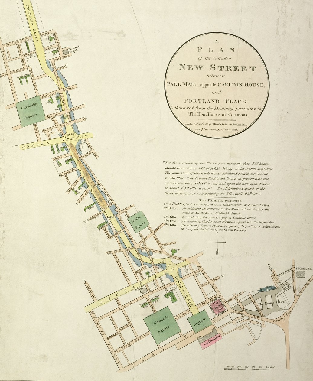 A Plan of the Intended New Street mellem Pall Mall, overfor Carlton House og Portland Place, designet af John Nash (1758-1835) pub. af J. Booth, 1818 af English School
