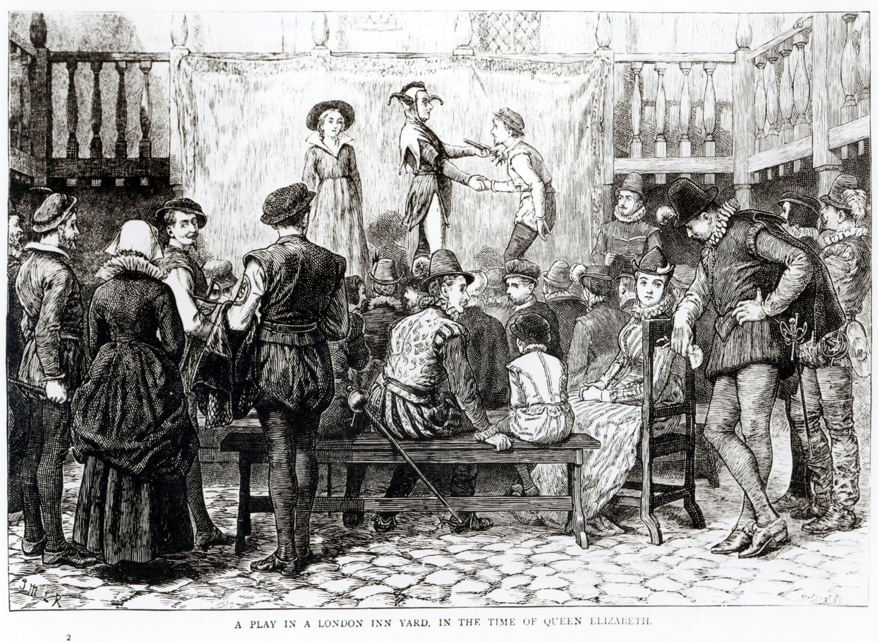 A Play in a London Inn Yard in the Time of Queen Elizabeth, graveret af Joseph Swain (1820-1909) af English School
