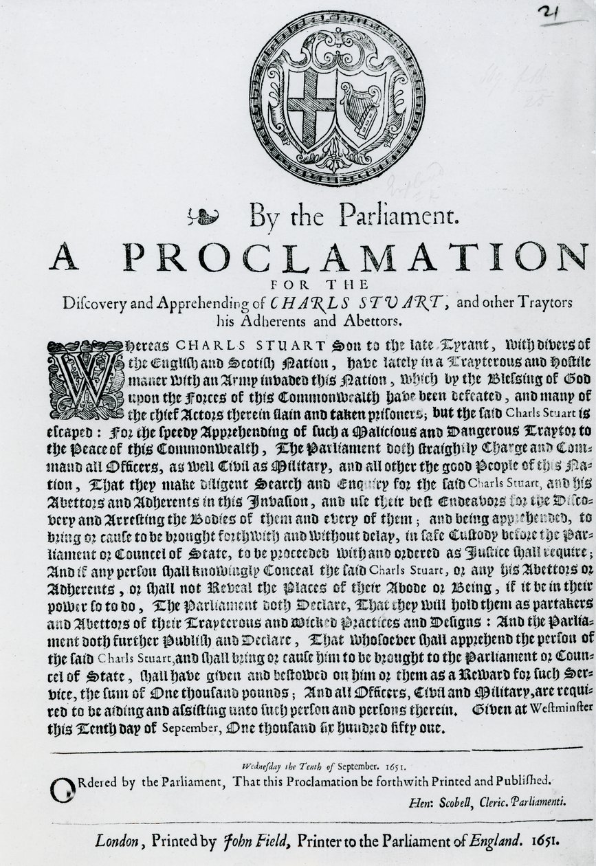 En proklamation fra parlamentet til opdagelse og pågribelse af Charles Stuart og andre forrædere, tilhængere og forbrydere, udgivet 1651 af English School