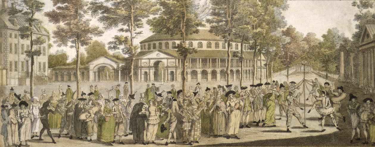 Et skuespil i Ranelagh Gardens, med rotunden i baggrunden, midten af det 18. århundrede (farvegravering) af English School