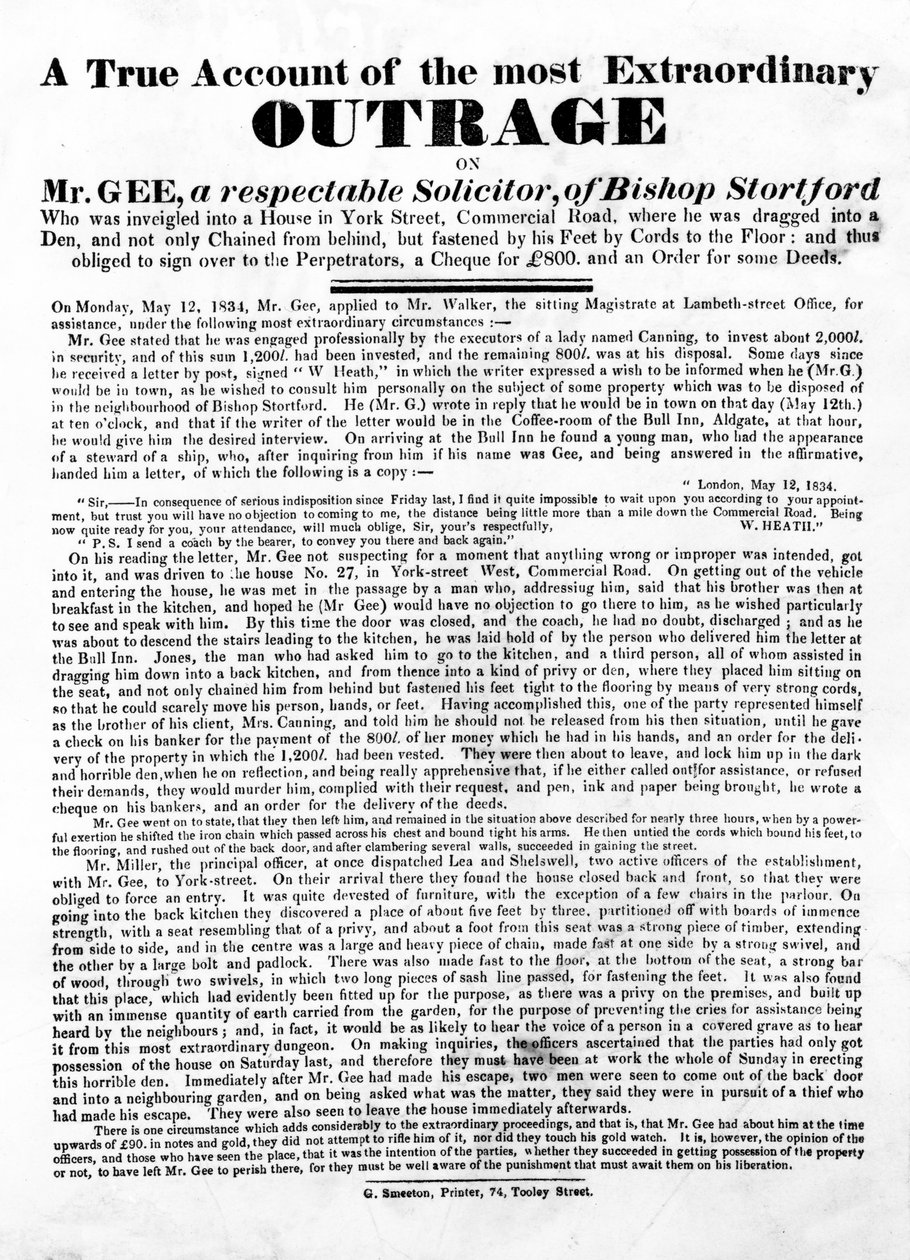 En sandfærdig beretning om den mest ekstraordinære skændsel mod hr. Gee, 1834 (bogtryk) af English School