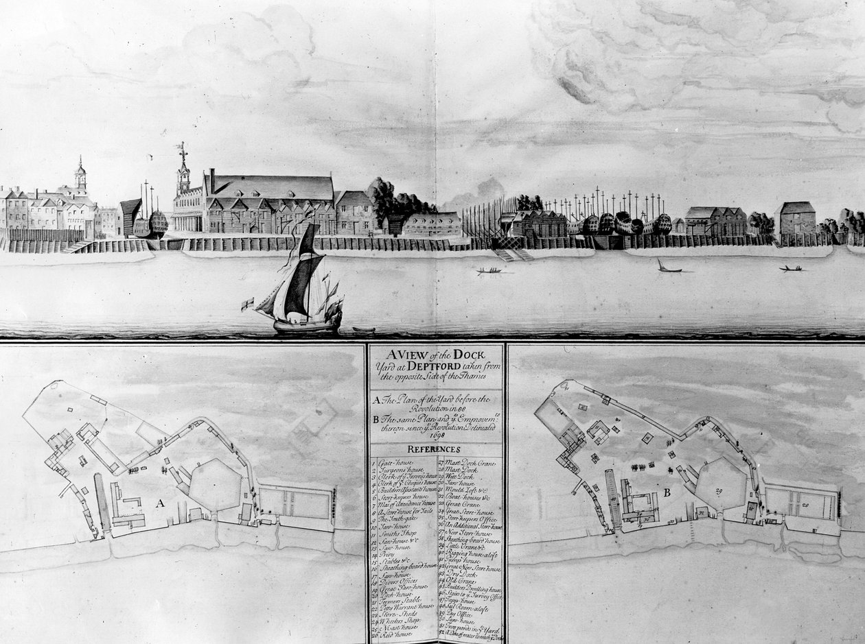 En udsigt over værftet ved Deptford taget fra den modsatte side af Themsen, 1698 af English School