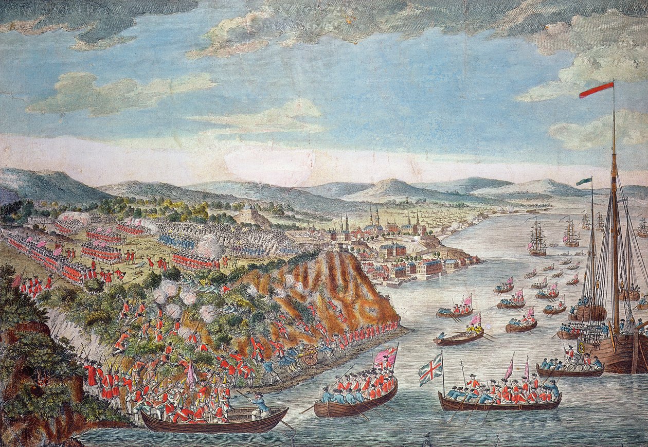 En udsigt over indtoget af Quebec, 13. september 1759 (farvegravering) af English School