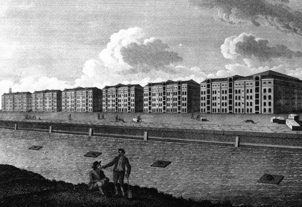 En udsigt over pakhusene og West-India Dock, 1803 af English School