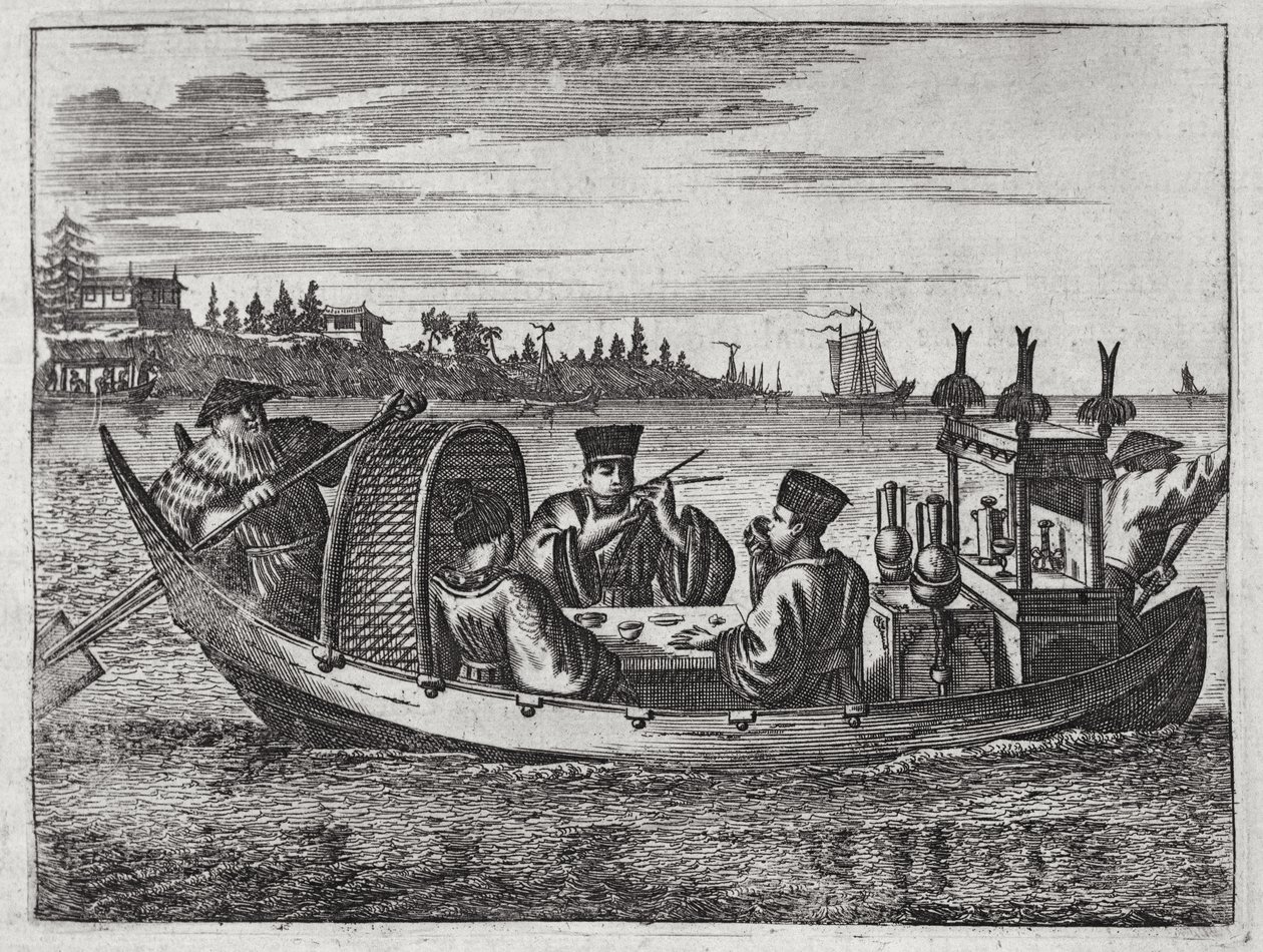 En velhavende mandarin spisning i en båd, illustration fra en beskrivelse af ambassader til Kina, 1690 af English School