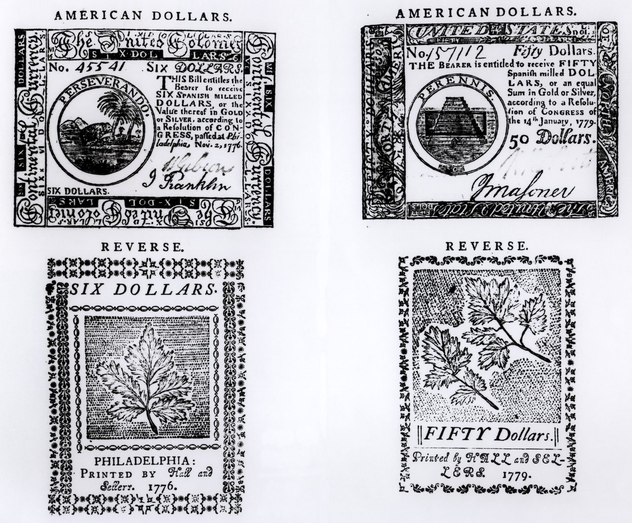 En kolonial seks dollarseddel fra 1776 og en amerikansk halvtreds dollarseddel fra 1779 af English School