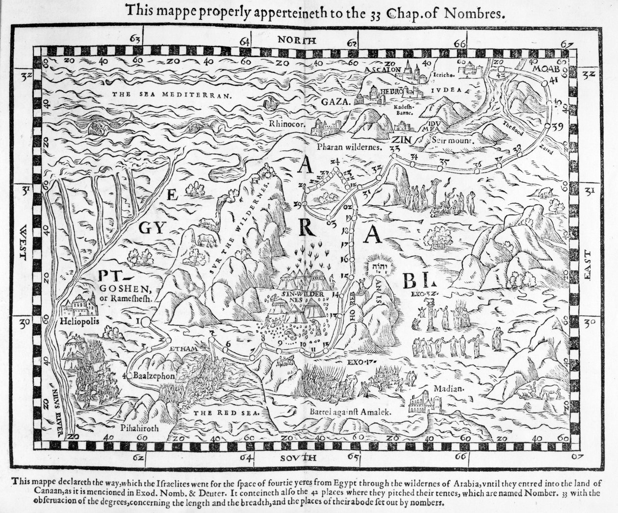 Et kort, der viser israelitternes rejse ud af Egypten og ind i Kanaan, faksimile af et billede fra Genève-bibelen fra 1560 af English School