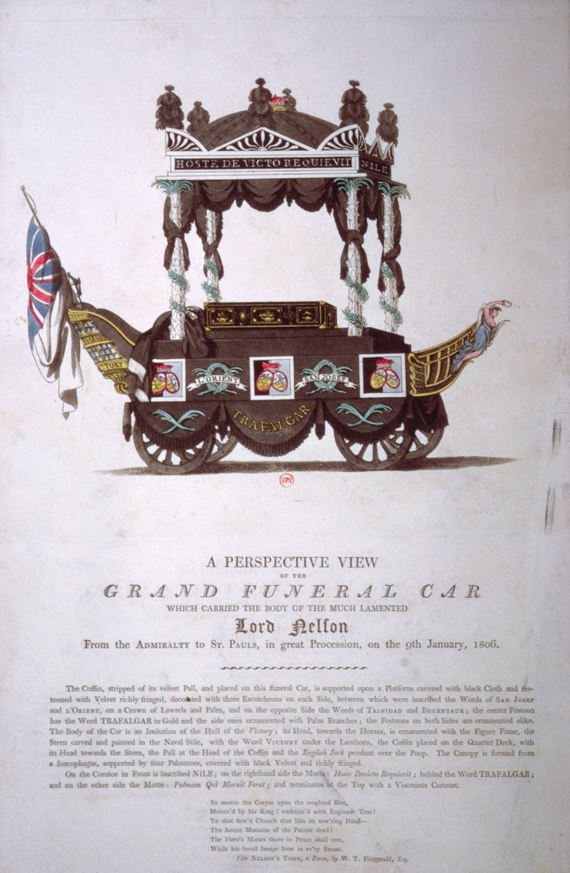Et perspektivbillede af den store begravelsesvogn, der bar liget af Lord Nelson fra Admiralitetet til St. Pauls Cathedral den 9. januar 1806 af English School