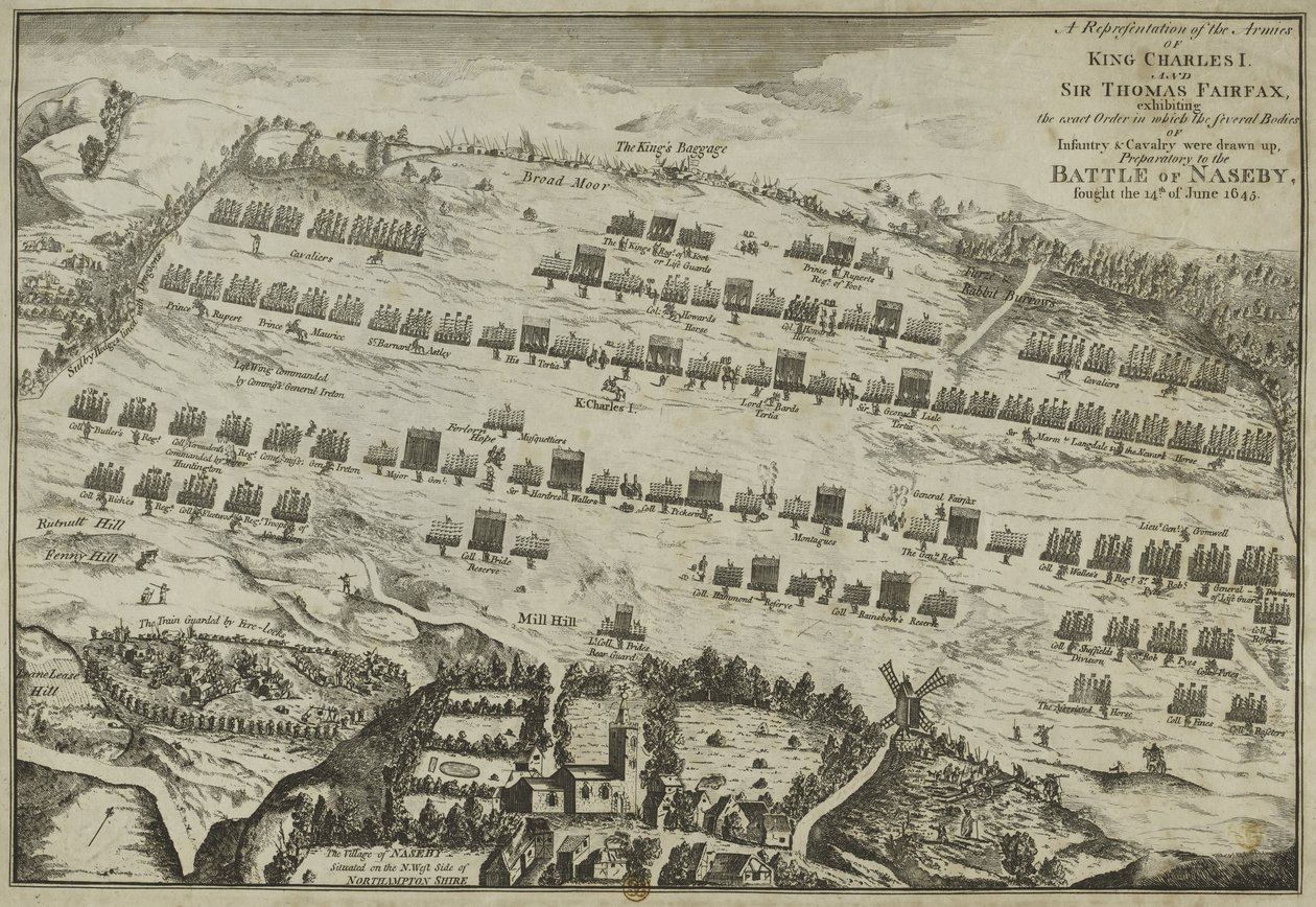 En repræsentation af hærene af kong Charles I og Sir Thomas Fairfax, der viser den nøjagtige rækkefølge, forberedende til slaget ved Naseby, 1645 af English School