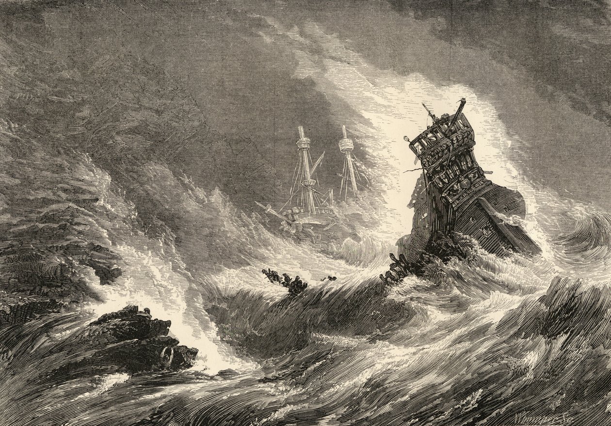 Et skib fra den spanske armada, der er forlist på Irlands vestkyst, illustration fra "Spanish Pictures" af pastor Samuel Manning. af English School