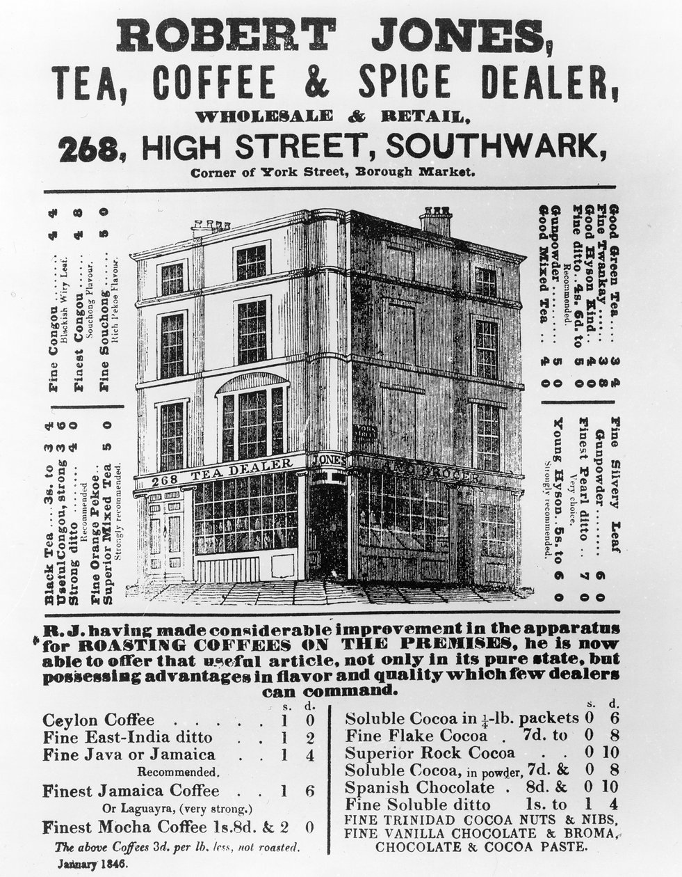 Annonce for Robert Jones, te-, kaffe- og krydderihandler, januar 1845 af English School