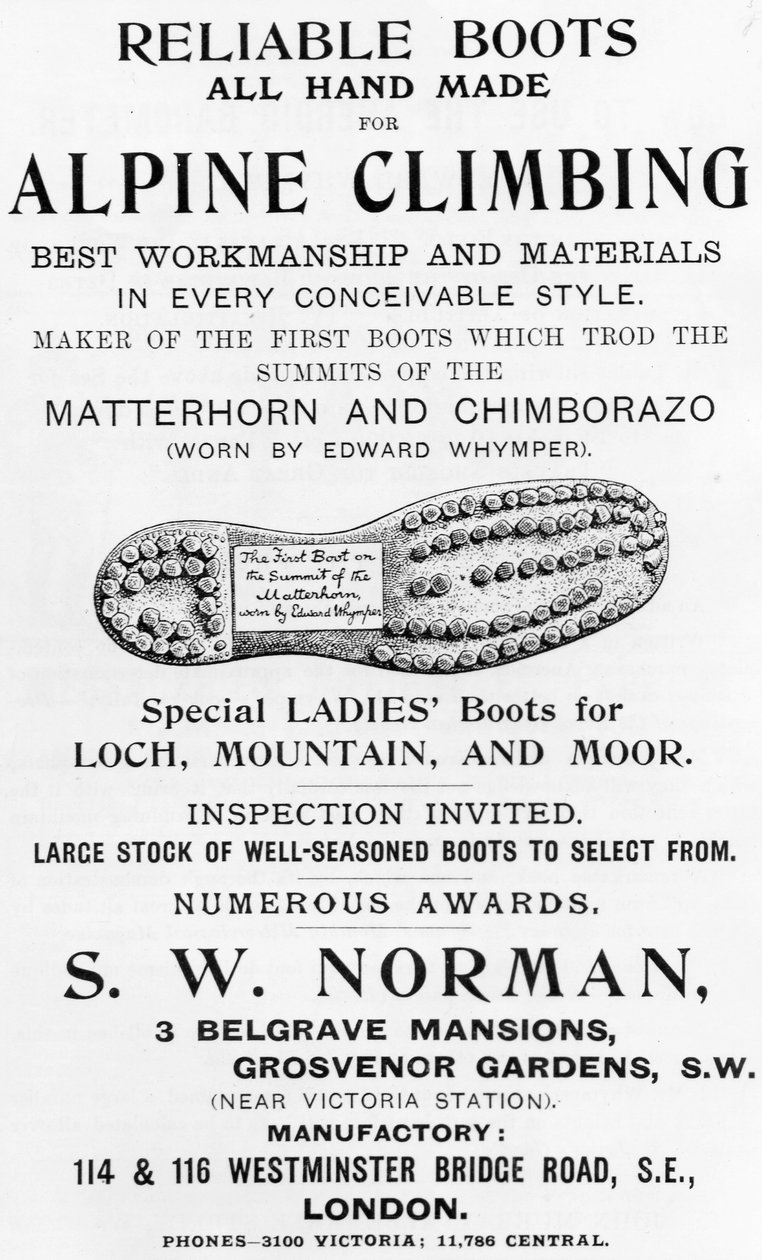 Annonce for S. W. Norman alpine klatrestøvler, illustration fra 