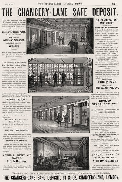 Annonce for The Chancery Lane Safe Deposit, fra The Illustrated London News, 12. februar 1887 af English School