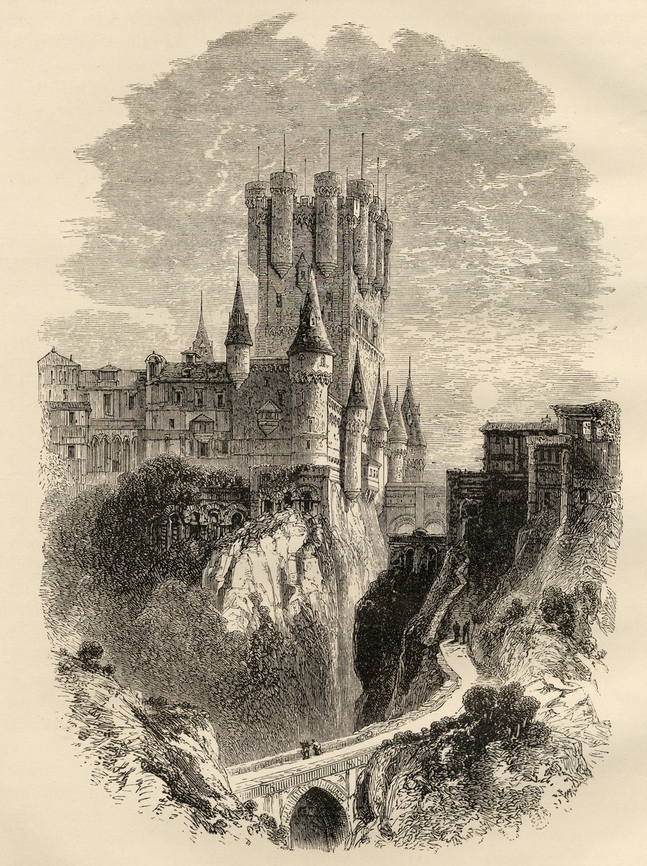 Alcazar i Segovia, Spanien før branden i 1862, illustration fra 