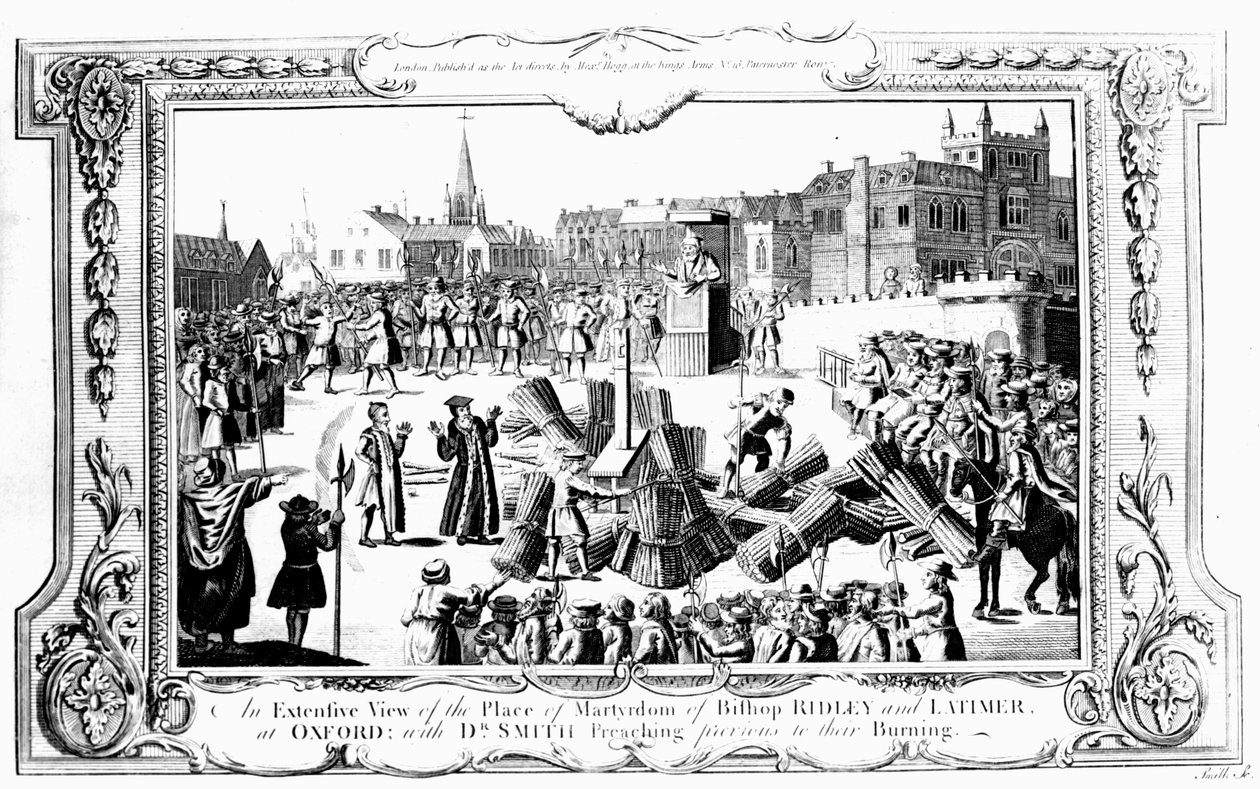 En omfattende udsigt over biskop Ridleys (ca. 1500-55) og Latimers (ca. 1485-1555) martyrdomssted i Oxford med Dr. Smith, der prædikede forud for deres afbrænding af English School
