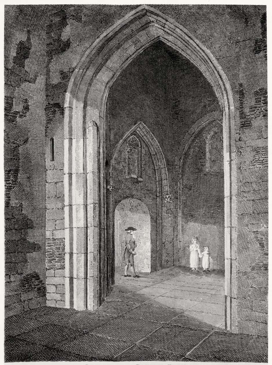 En indvendig udsigt over våbenhuset i Parish Church of St. Alphage, London Wall; tidligere Klosterkapellet Elsynge Spital, pub. af Robert Wilkinson, 1815 af English School