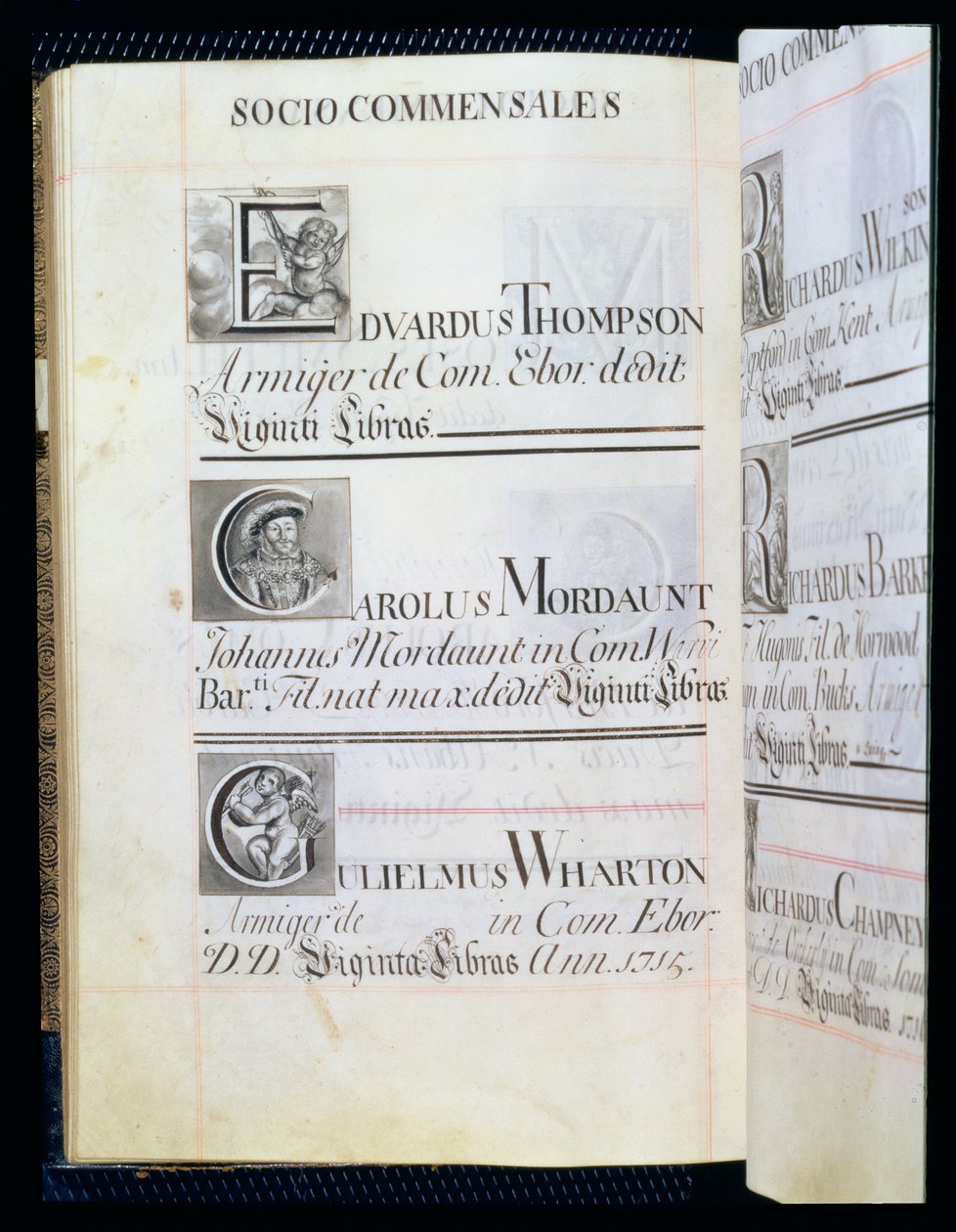 Arkiv 3693 f.58v Side med tre velgørere fra New College, Oxford; Edvardus Thompson, Carolus Mordaunt og Gulielmus Wharton, fra a Benefaction Book, 16812-84 (pen og blæk) af English School