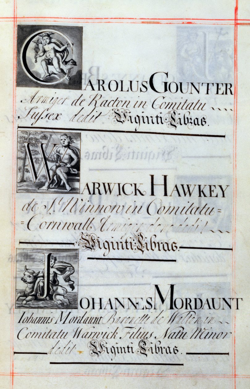 Arkiv 3693 f.62 Side med tre velgørere fra New College, Oxford; Carolus Gounter, Warwick Hawkey og Johannes Mordaunt, fra a Benefaction Book, 16812-84 (pen og blæk) af English School