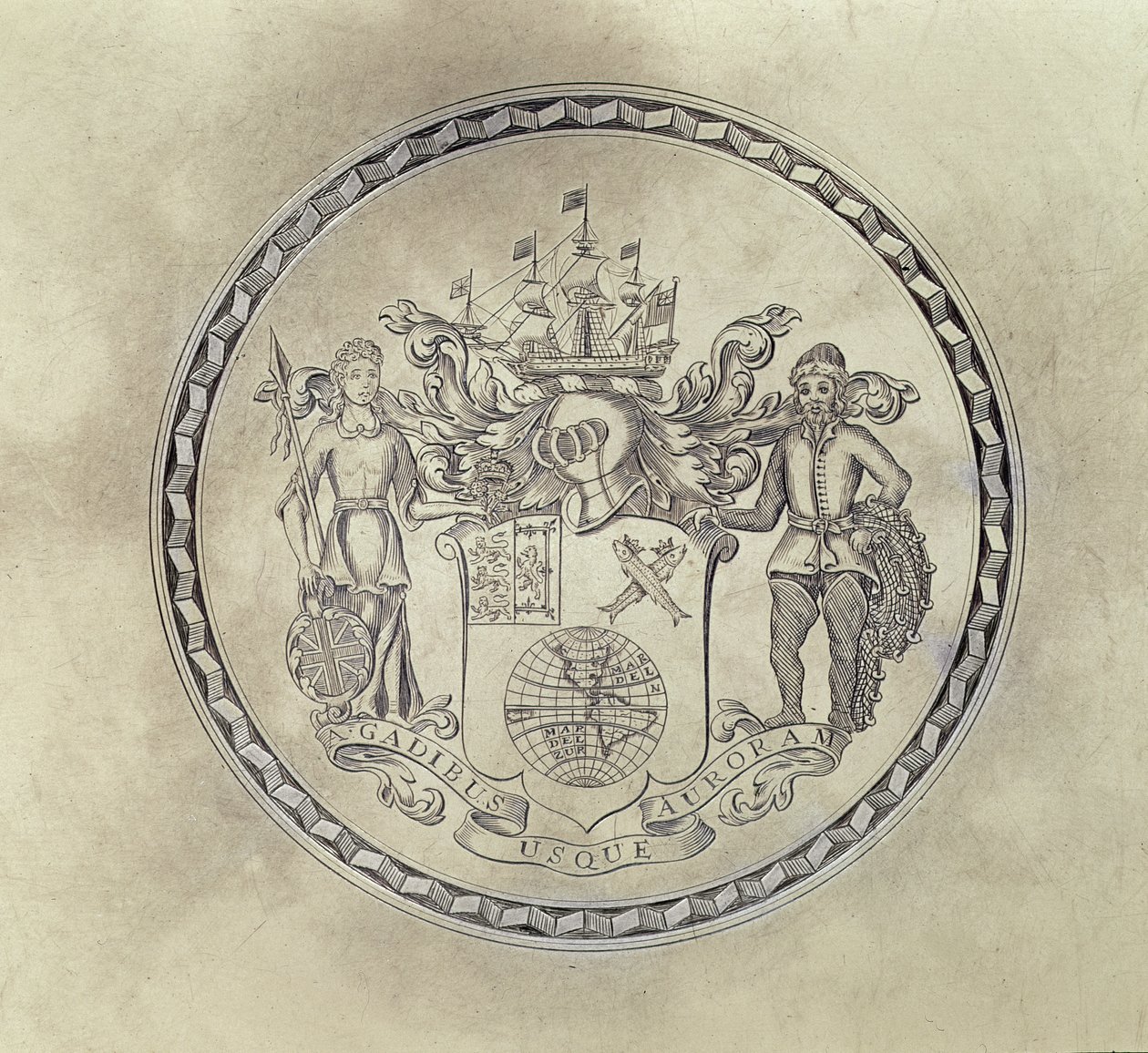 Armorials of the South Sea Company, indgraveret på en salver, 1714 (forgyldt sølv) af English School